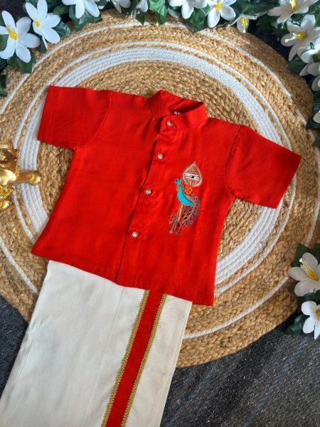 Effortless Orange Onam Wear Kids Shirt Mundu Set with Maggam Work For Bulk Order Boys Wear