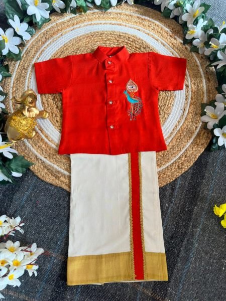 Effortless Orange Onam Wear Kids Shirt Mundu Set with Maggam Work For Bulk Order Boys Wear