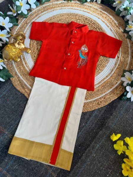 Effortless Orange Onam Wear Kids Shirt Mundu Set with Maggam Work For Bulk Order Boys Wear