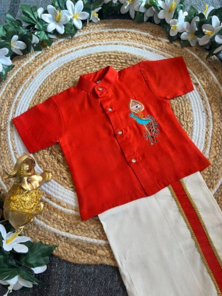 Effortless Orange Onam Wear Kids Shirt Mundu Set with Maggam Work For Bulk Order Boys Wear