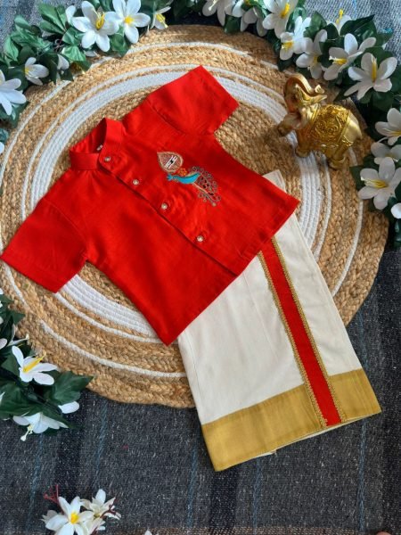 Effortless Orange Onam Wear Kids Shirt Mundu Set with Maggam Work For Bulk Order Boys Wear