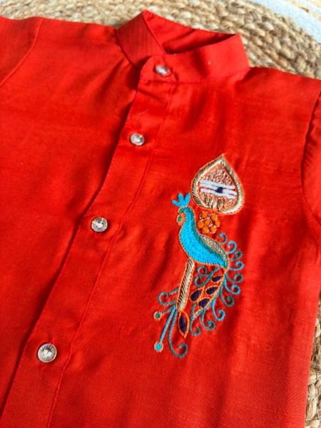 Effortless Orange Onam Wear Kids Shirt Mundu Set with Maggam Work For Bulk Order Boys Wear