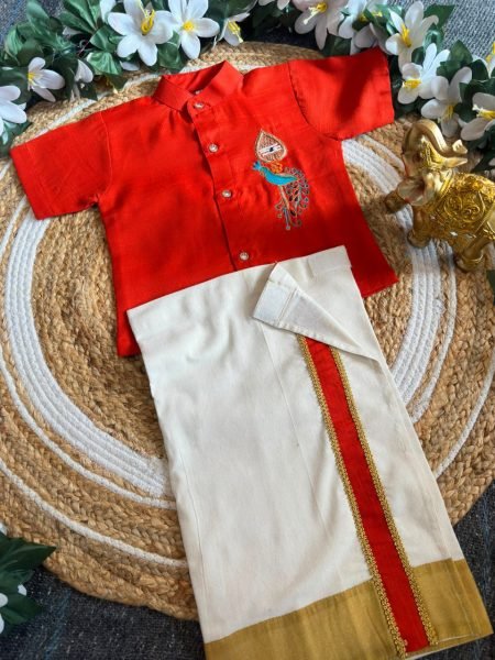 Effortless Orange Onam Wear Kids Shirt Mundu Set with Maggam Work For Bulk Order Boys Wear