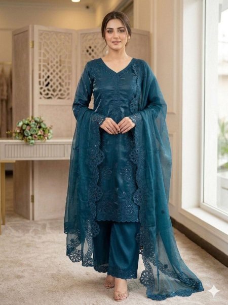Effortless Peacock Blue Glass Roman Suit Set with Sequence Embroidery and Cut Work Dupatta Ready To Wear Suit