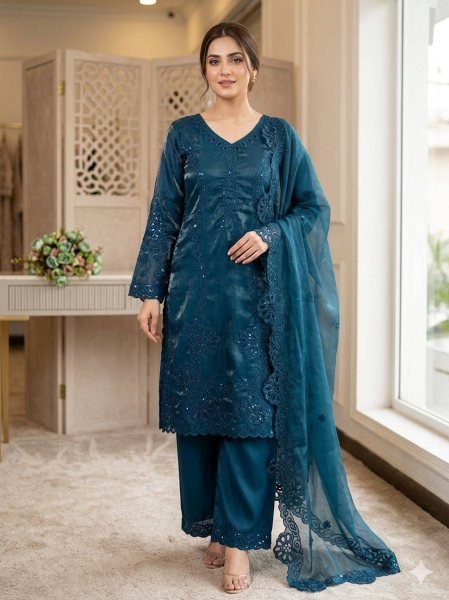 Effortless Peacock Blue Glass Roman Suit Set with Sequence Embroidery and Cut Work Dupatta Ready To Wear Collection