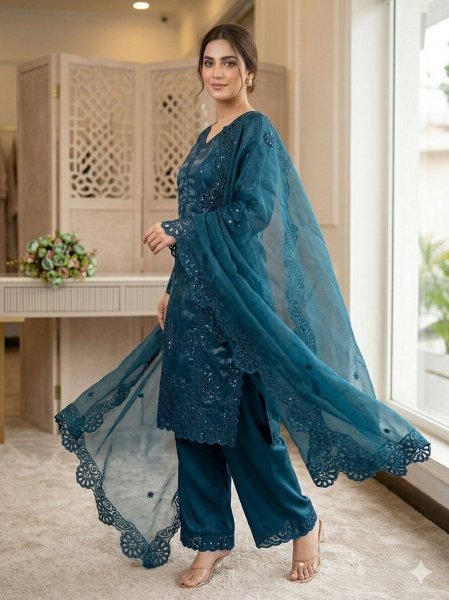 Effortless Peacock Blue Glass Roman Suit Set with Sequence Embroidery and Cut Work Dupatta Ready To Wear Collection