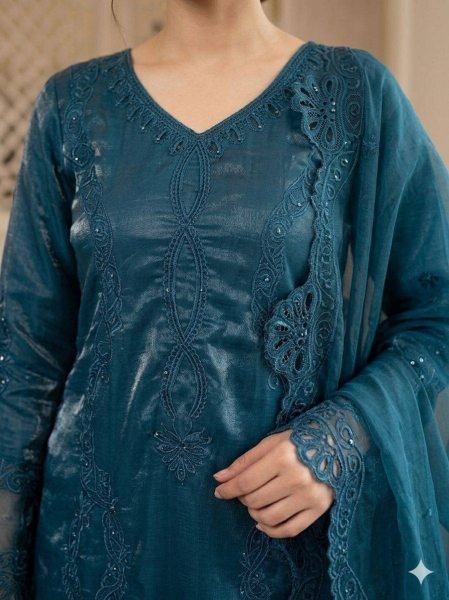 Effortless Peacock Blue Glass Roman Suit Set with Sequence Embroidery and Cut Work Dupatta Ready To Wear Collection