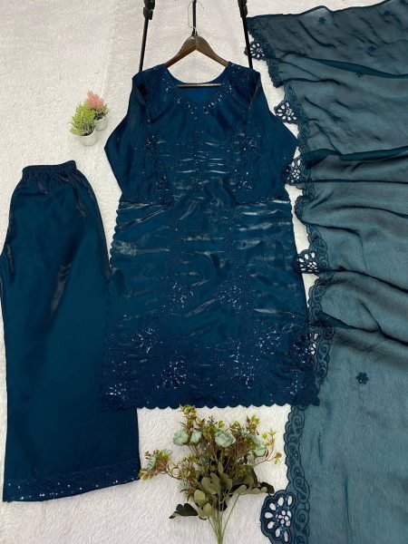 Effortless Peacock Blue Glass Roman Suit Set with Sequence Embroidery and Cut Work Dupatta Ready To Wear Collection