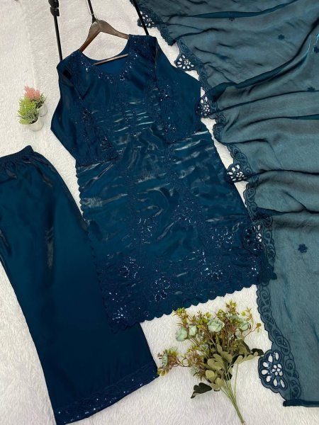Effortless Peacock Blue Glass Roman Suit Set with Sequence Embroidery and Cut Work Dupatta Ready To Wear Collection