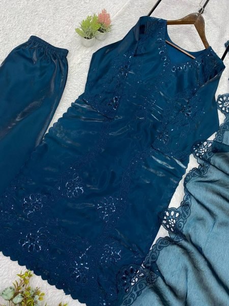Effortless Peacock Blue Glass Roman Suit Set with Sequence Embroidery and Cut Work Dupatta Ready To Wear Collection