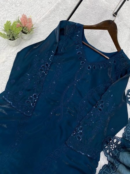 Effortless Peacock Blue Glass Roman Suit Set with Sequence Embroidery and Cut Work Dupatta Ready To Wear Collection