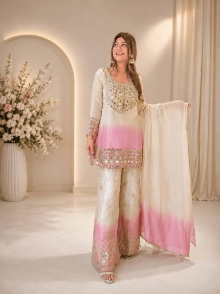 Effortless Pink Designer Star Georgette Top Palazzo Set with Real Mirror Work for Festival Ready To Wear Suit