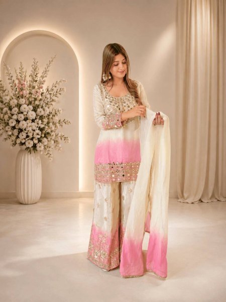 Effortless Pink Designer Star Georgette Top Palazzo Set with Real Mirror Work for Festival Ready To Wear Collection