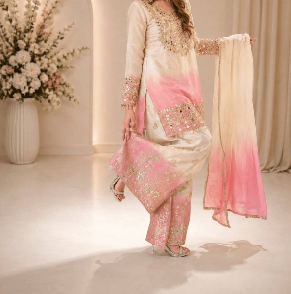 Effortless Pink Designer Star Georgette Top Palazzo Set with Real Mirror Work for Festival Ready To Wear Collection