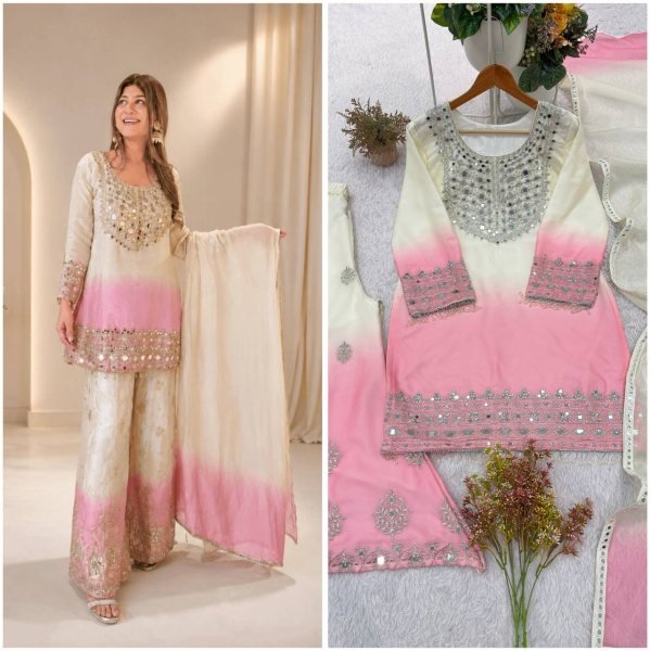 Effortless Pink Designer Star Georgette Top Palazzo Set with Real Mirror Work for Festival Ready To Wear Collection