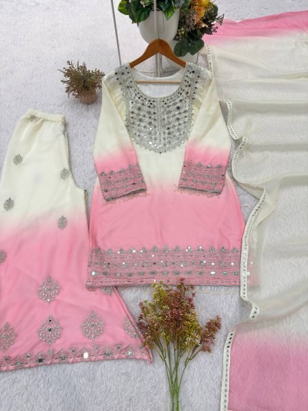 Effortless Pink Designer Star Georgette Top Palazzo Set with Real Mirror Work for Festival Ready To Wear Collection