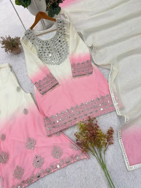 Effortless Pink Designer Star Georgette Top Palazzo Set with Real Mirror Work for Festival Ready To Wear Collection