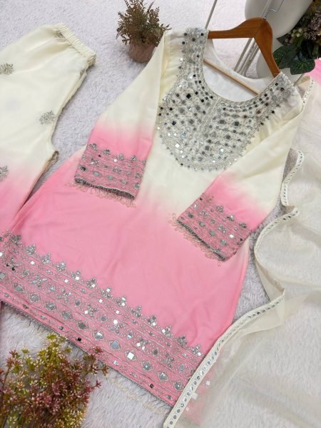 Effortless Pink Designer Star Georgette Top Palazzo Set with Real Mirror Work for Festival Ready To Wear Collection