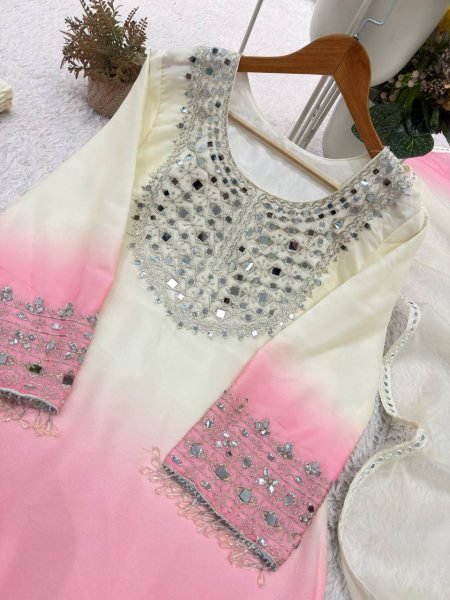 Effortless Pink Designer Star Georgette Top Palazzo Set with Real Mirror Work for Festival Ready To Wear Collection