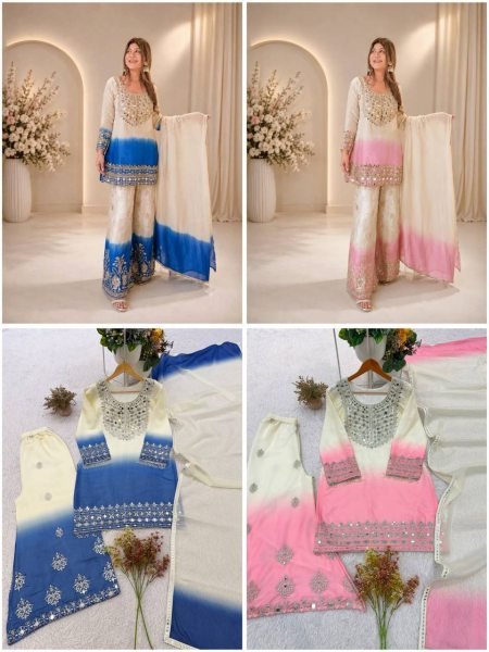 Effortless Pink Designer Star Georgette Top Palazzo Set with Real Mirror Work for Festival Ready To Wear Collection
