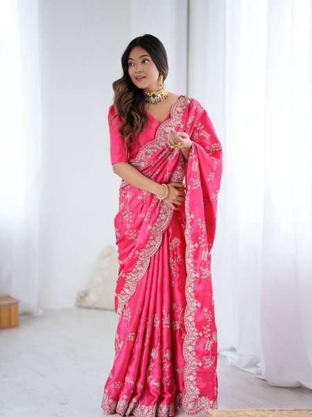 Effortless Pink Japan Satin Silk Saree with Sequins Work for Party Wear Sarees 