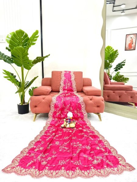 Effortless Pink Japan Satin Silk Saree with Sequins Work for Party Wear Designer Wedding Sarees Wholesale