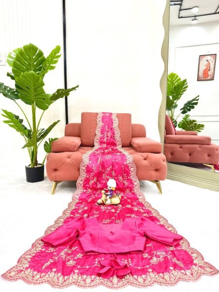 Effortless Pink Japan Satin Silk Saree with Sequins Work for Party Wear Designer Wedding Sarees Wholesale