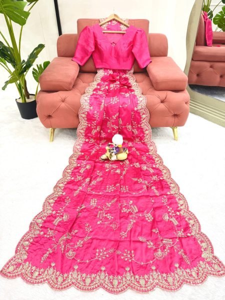 Effortless Pink Japan Satin Silk Saree with Sequins Work for Party Wear Designer Wedding Sarees Wholesale