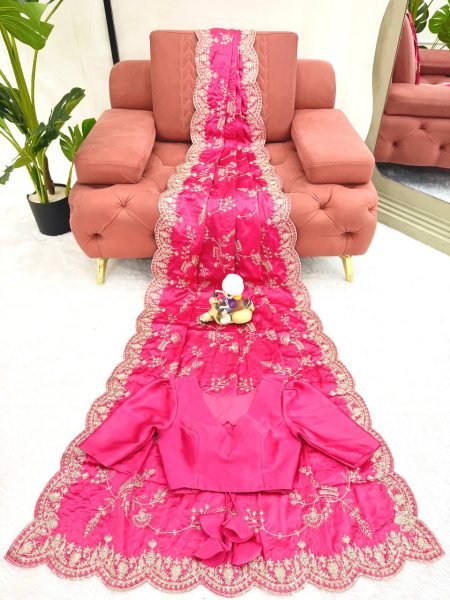Effortless Pink Japan Satin Silk Saree with Sequins Work for Party Wear Designer Wedding Sarees Wholesale