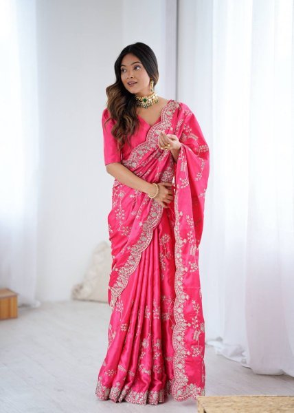 Effortless Pink Japan Satin Silk Saree with Sequins Work for Party Wear Designer Wedding Sarees Wholesale