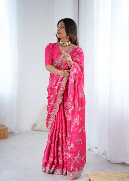 Effortless Pink Japan Satin Silk Saree with Sequins Work for Party Wear Designer Wedding Sarees Wholesale