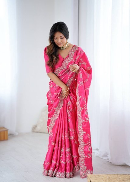 Effortless Pink Japan Satin Silk Saree with Sequins Work for Party Wear Designer Wedding Sarees Wholesale