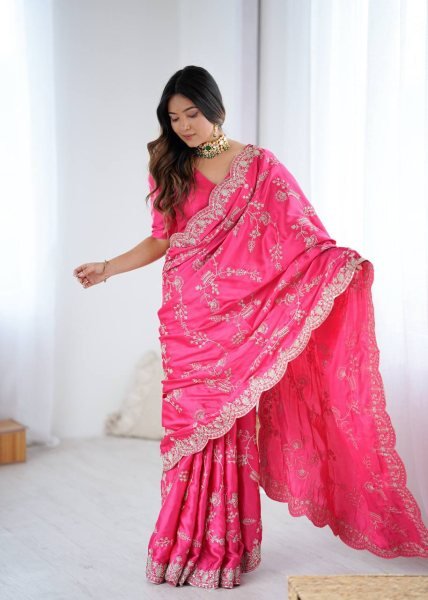 Effortless Pink Japan Satin Silk Saree with Sequins Work for Party Wear Designer Wedding Sarees Wholesale
