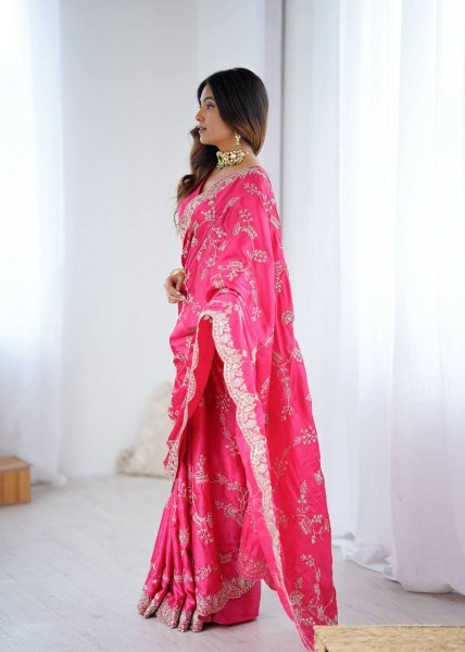 Effortless Pink Japan Satin Silk Saree with Sequins Work for Party Wear Designer Wedding Sarees Wholesale