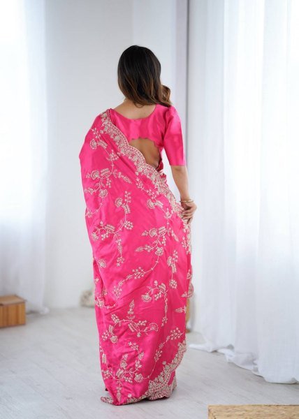 Effortless Pink Japan Satin Silk Saree with Sequins Work for Party Wear Designer Wedding Sarees Wholesale