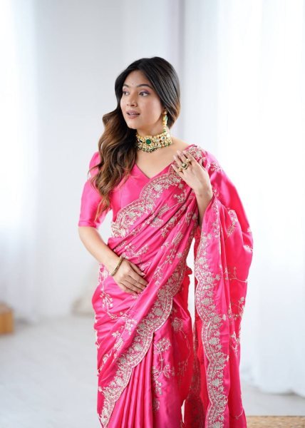 Effortless Pink Japan Satin Silk Saree with Sequins Work for Party Wear Designer Wedding Sarees Wholesale
