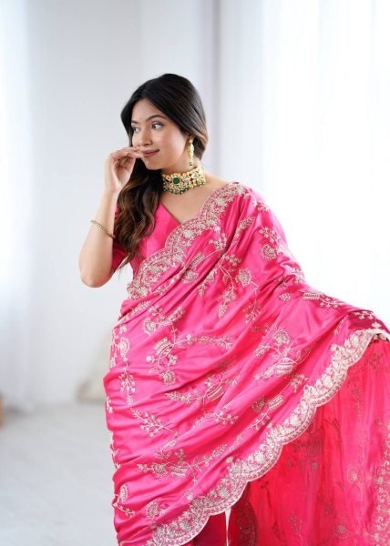 Effortless Pink Japan Satin Silk Saree with Sequins Work for Party Wear Designer Wedding Sarees Wholesale