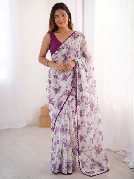 Effortless Purple Heavy Chiffon Saree with Elegant Lace Border for Party and Festive Wear Sarees 