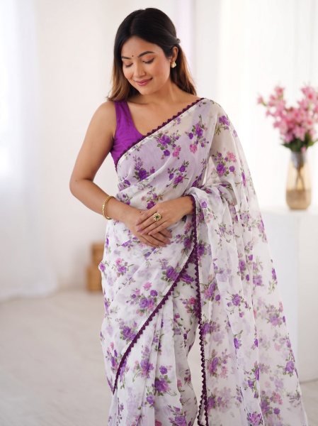 Effortless Purple Heavy Chiffon Saree with Elegant Lace Border for Party and Festive Wear Printed Cotton Sarees Wholesale
