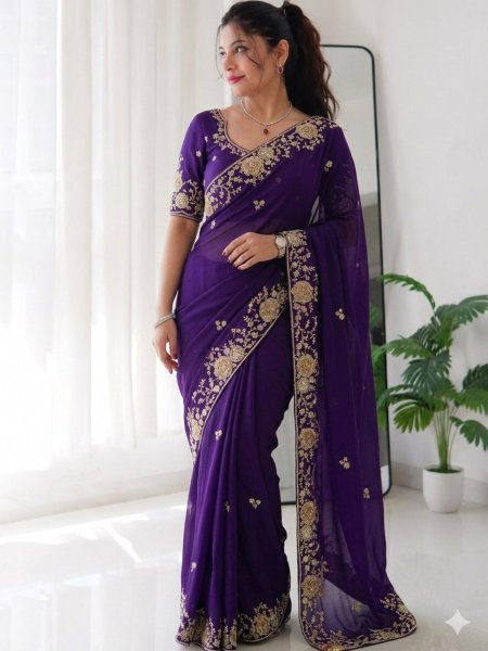 Effortless Purple Rangoli Silk Saree with Designer Embroidered Blouse for Traditional Functions Sarees 