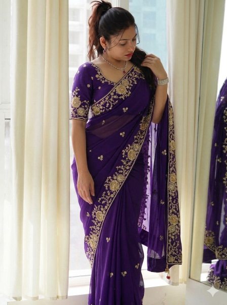 Effortless Purple Rangoli Silk Saree with Designer Embroidered Blouse for Traditional Functions Embroidery Sarees Wholesale