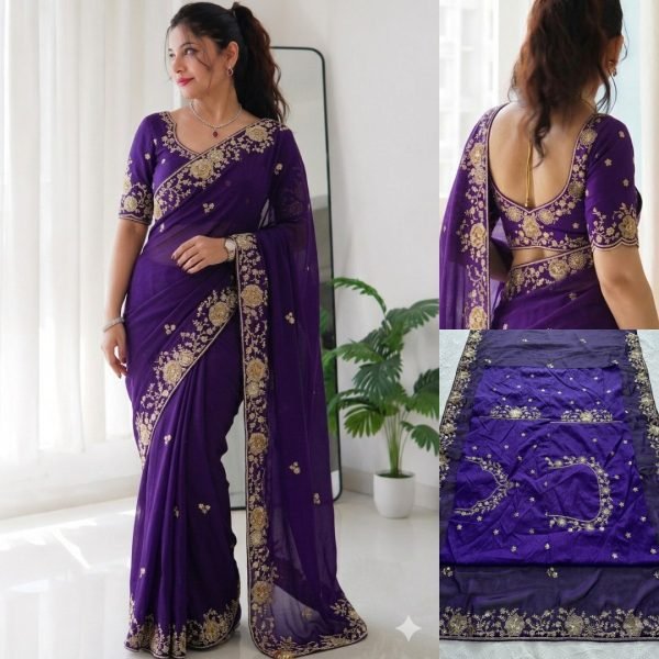 Effortless Purple Rangoli Silk Saree with Designer Embroidered Blouse for Traditional Functions Embroidery Sarees Wholesale
