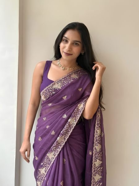 Effortless Purple Women's Star Georgette Saree with Sequins Embroidery Work Sarees 