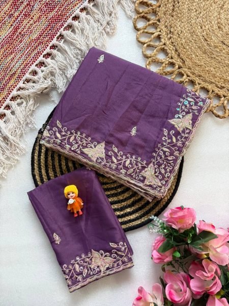 Effortless Purple Women's Star Georgette Saree with Sequins Embroidery Work Georgette Sarees Wholesale
