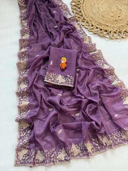 Effortless Purple Women's Star Georgette Saree with Sequins Embroidery Work Georgette Sarees Wholesale