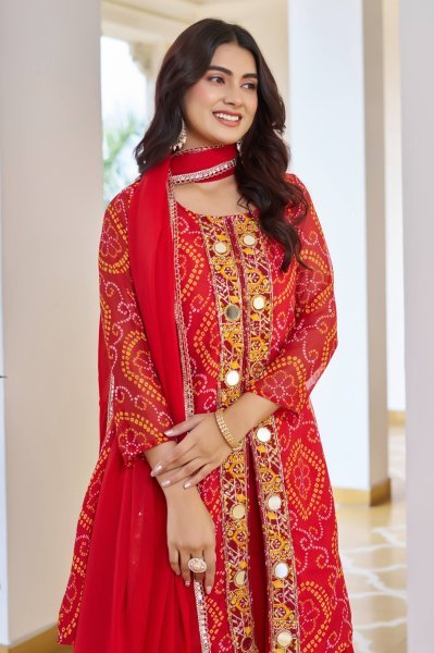 Effortless Red Bandhani Print Fox Georgette Mirror Work Kurti Set with Lace Dupatta Perfect for Parties Ready To Wear Collection