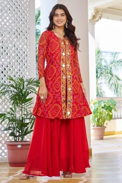 Effortless Red Bandhani Print Fox Georgette Mirror Work Kurti Set with Lace Dupatta Perfect for Parties Ready To Wear Collection