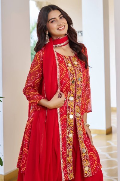 Effortless Red Bandhani Print Fox Georgette Mirror Work Kurti Set with Lace Dupatta Perfect for Parties Ready To Wear Collection