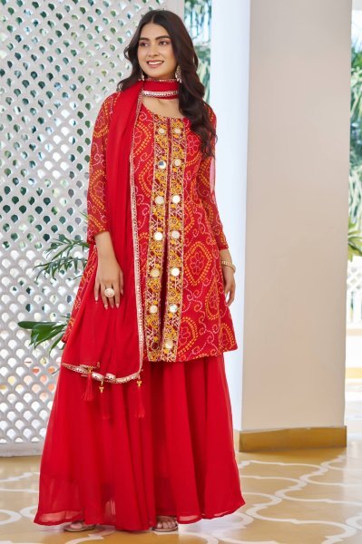 Effortless Red Bandhani Print Fox Georgette Mirror Work Kurti Set with Lace Dupatta Perfect for Parties Ready To Wear Collection