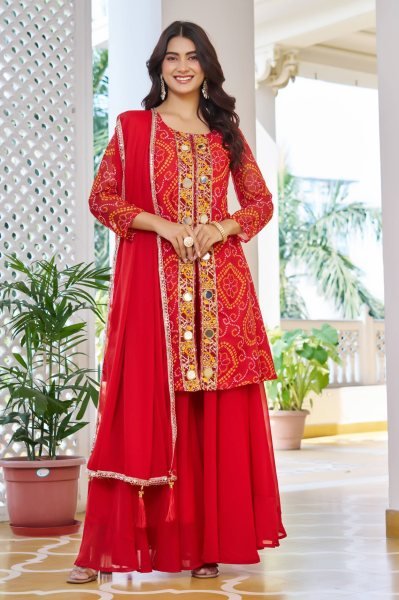 Effortless Red Bandhani Print Fox Georgette Mirror Work Kurti Set with Lace Dupatta Perfect for Parties Ready To Wear Collection